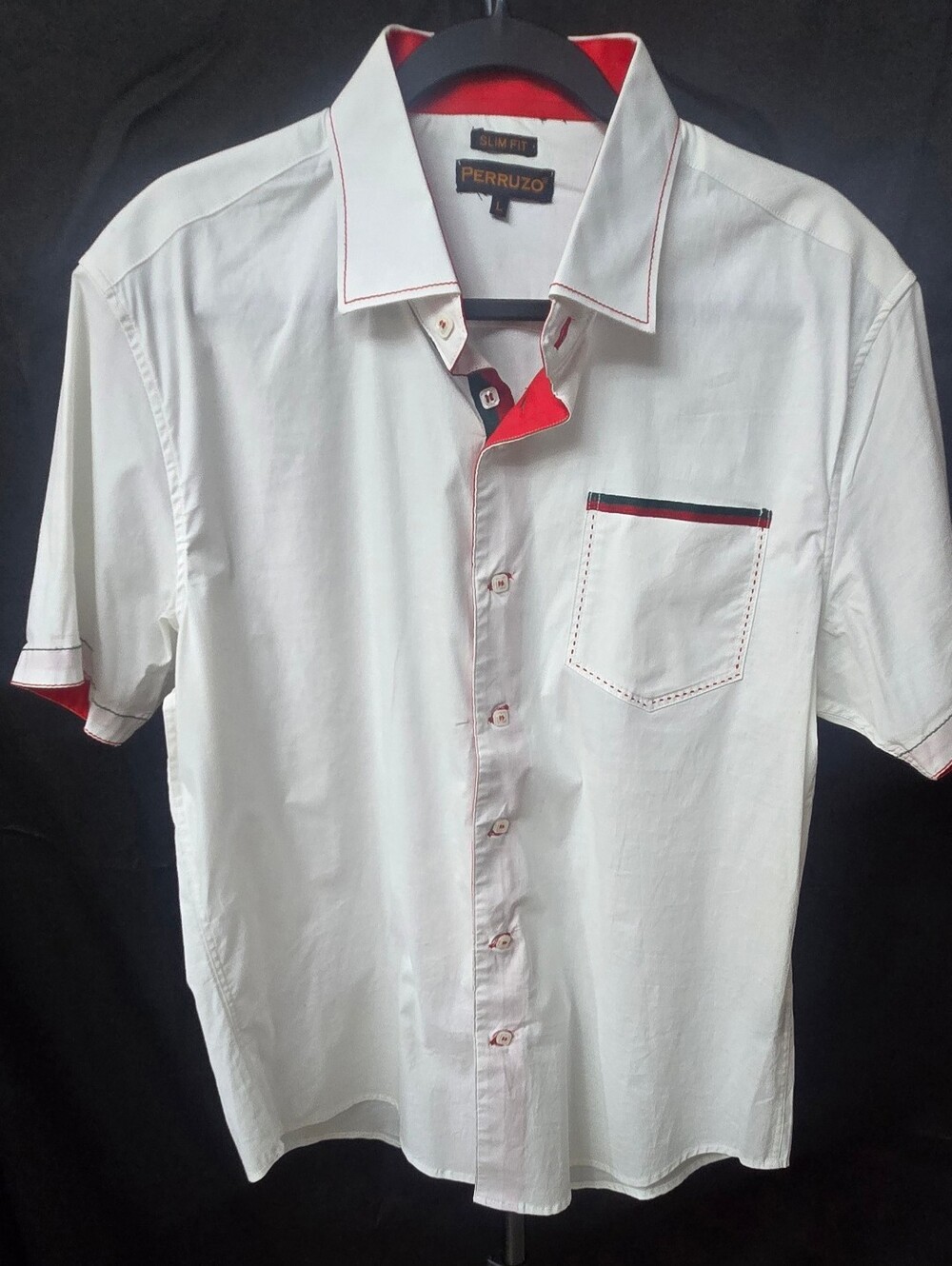 Perruzo Short Sleeve Button Down White With Red Green Italian Trim Size L Mens